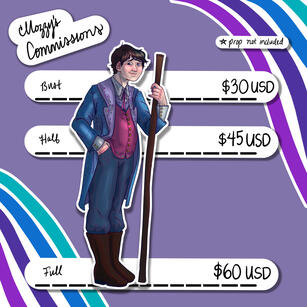 A graphic for Mozzy's Commissions (Prices for a Fully-Rendered Character). $30 for a bust commission. $45 for a half-body commission. $60 for a full-body commission. These prices are for one character, and do not include props.